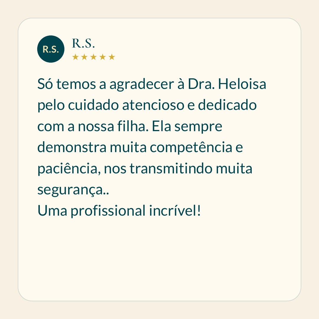 Depoimento de família acompanhada pela Dra. Heloisa Vianello sobre atendimento pediátrico em Alphaville, Barueri.