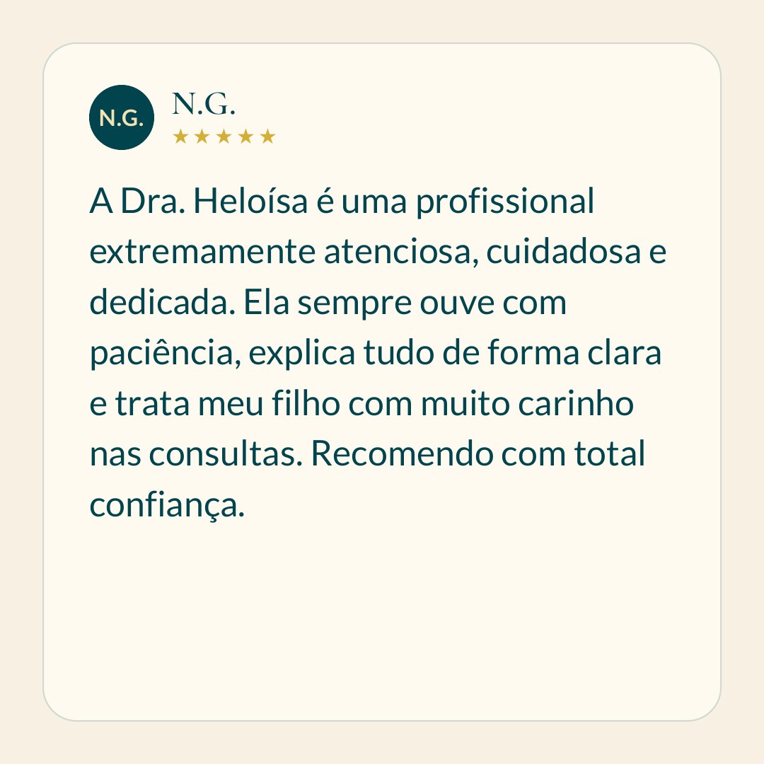 Avaliação de família sobre o acompanhamento pediátrico realizado pela Dra. Heloisa Vianello em Alphaville, Barueri.