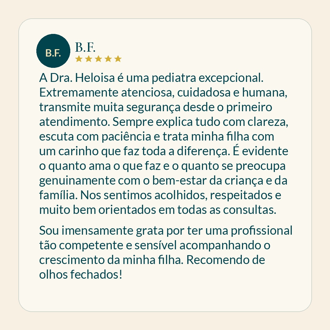 Depoimento de família acompanhada pela Dra. Heloisa Vianello sobre atendimento pediátrico em Alphaville, Barueri.