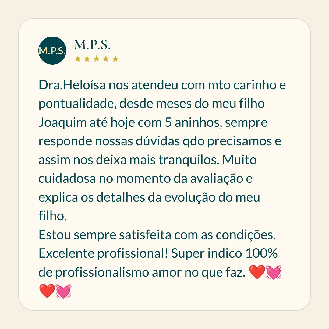 Avaliação de família sobre o acompanhamento pediátrico realizado pela Dra. Heloisa Vianello em Alphaville, Barueri.